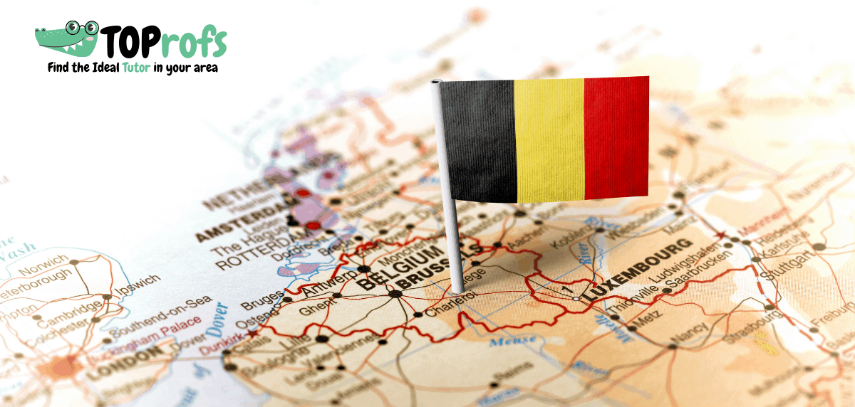 Illustration of Belgian flag, landmarks, and history symbols for a Belgian history quiz