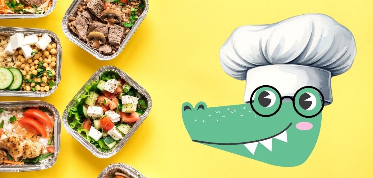 Logo of TopProfs featuring a crocodile wearing a chef’s hat surrounded by various international foods including pasta, sushi, tacos, and desserts.